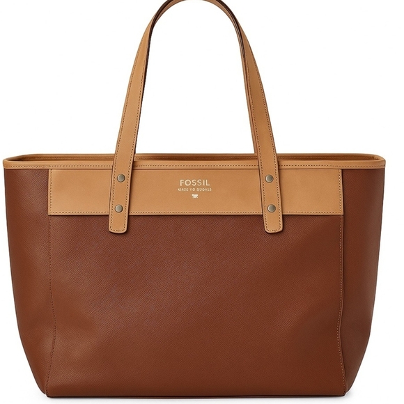 Fossil Brown and Tan Leather Tote - Picture 1 of 8
